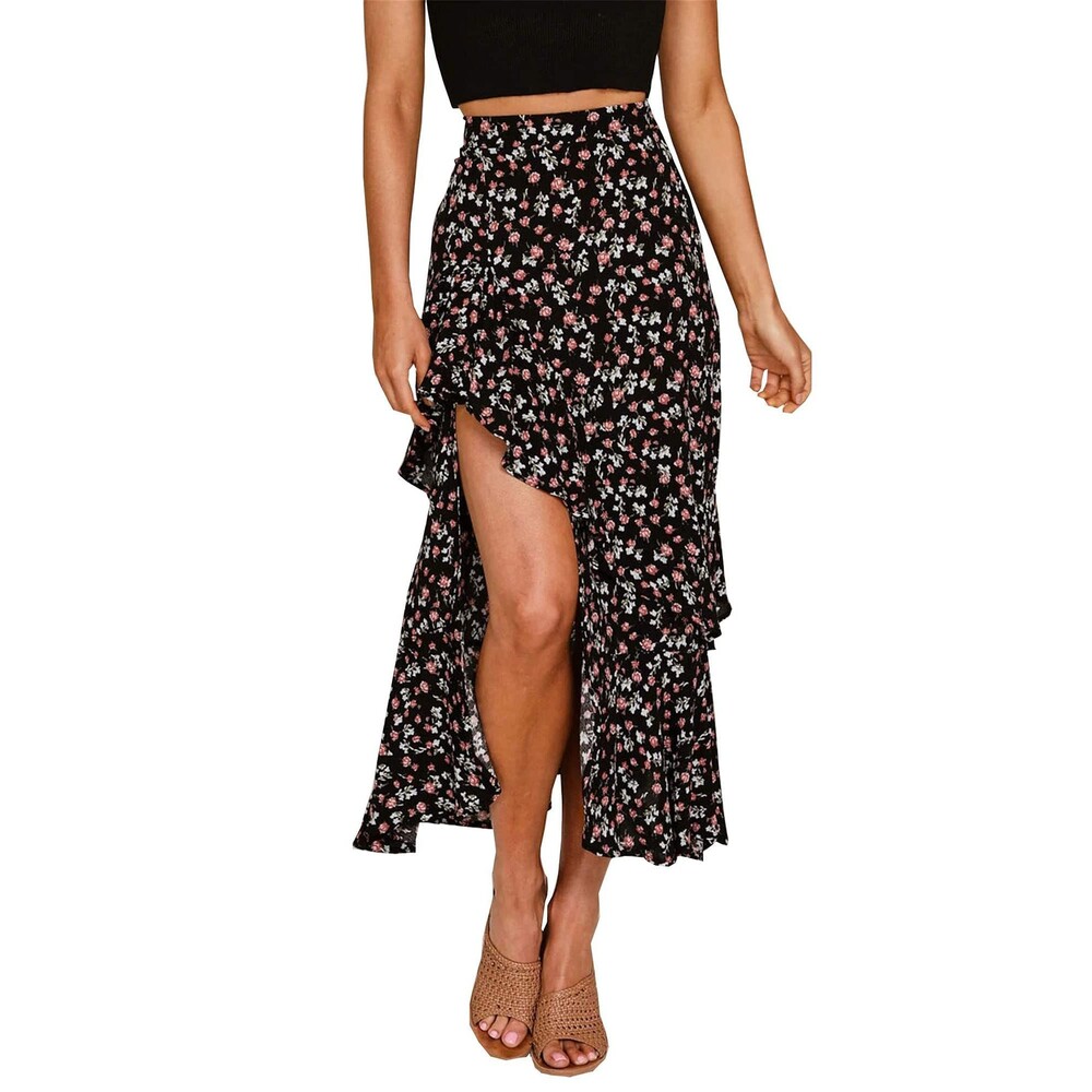 Boho Floral Elastic Waist Split Ruffle High Low Maxi Skirt, SMALL, 6J-169B001